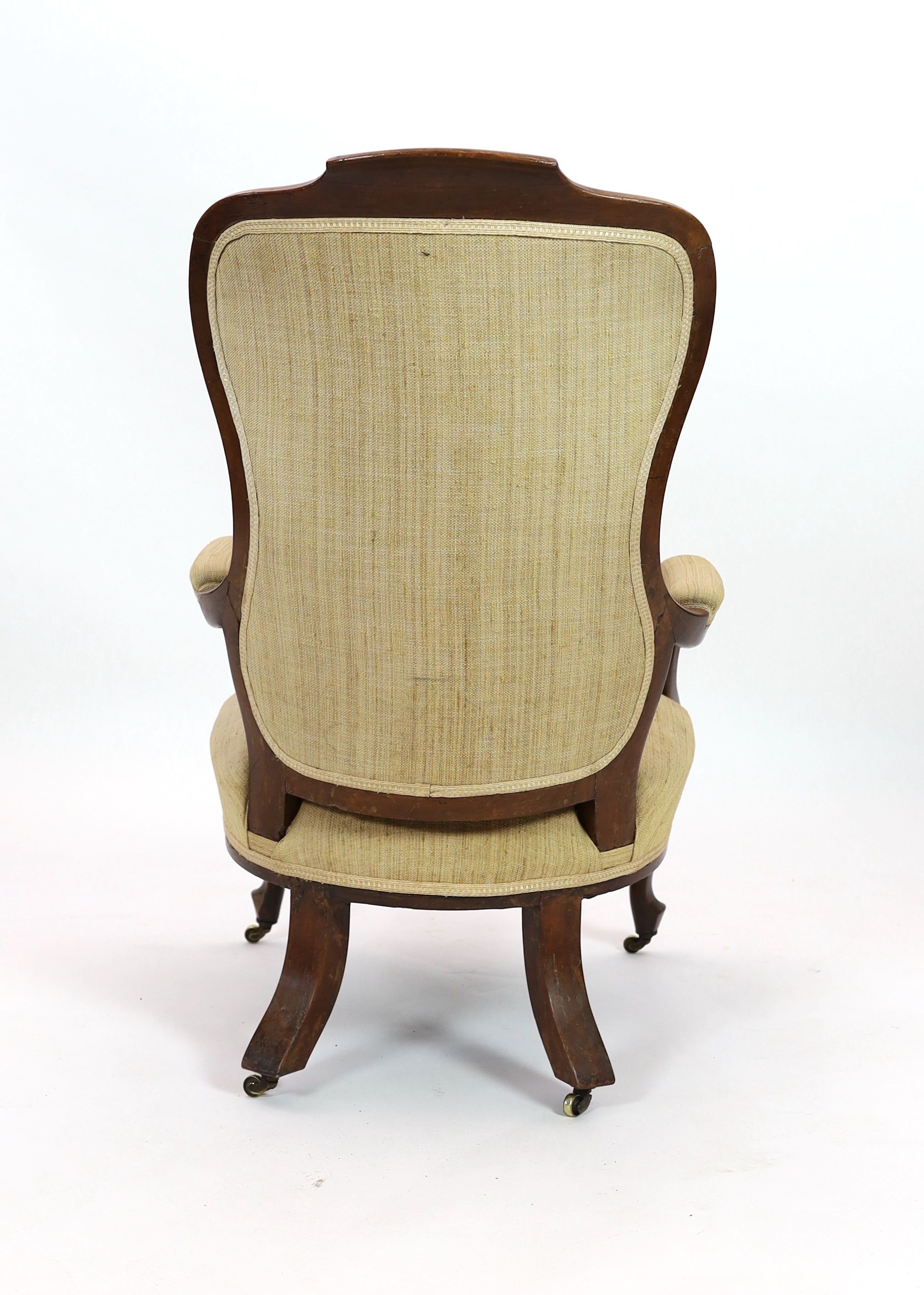 An early Victorian mahogany upholstered open armchair, width 66cm depth 90cm height 104cm